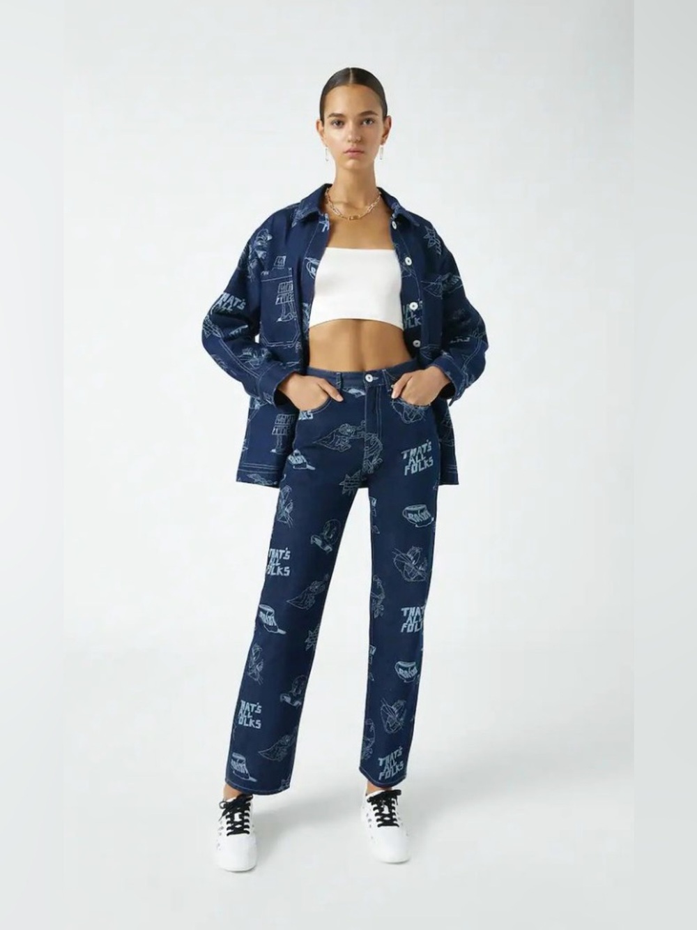 Pull&Bear x Evan Rossell Size 4 Looney Tunes Print Blue Denim Jeans